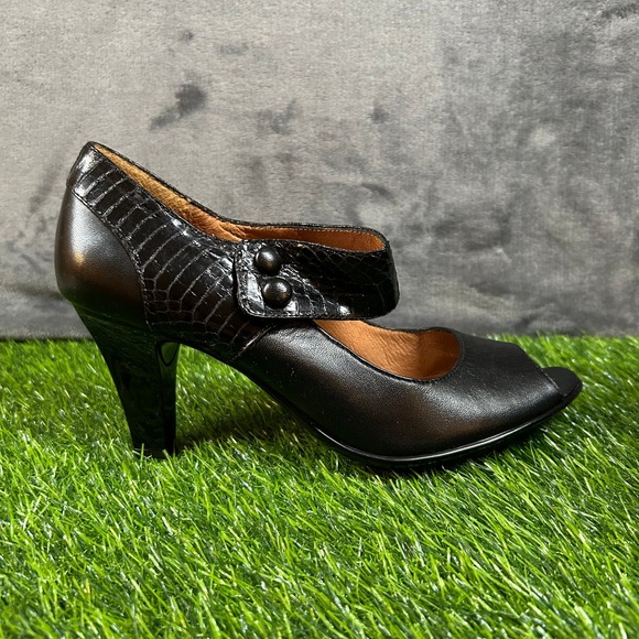 Sofft Mary Jane Pump Heels Black Leather Peep Toe Snakeskin Accent Womens 9.5 M - Picture 1 of 12